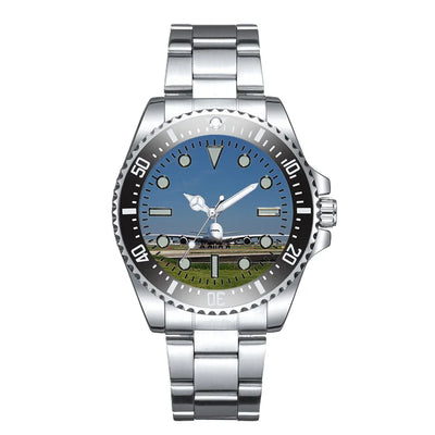 Side view of Face to Face with Airbus A380 Luxury Aviators aviation aviator watch in premium stainless steel, polished finish.