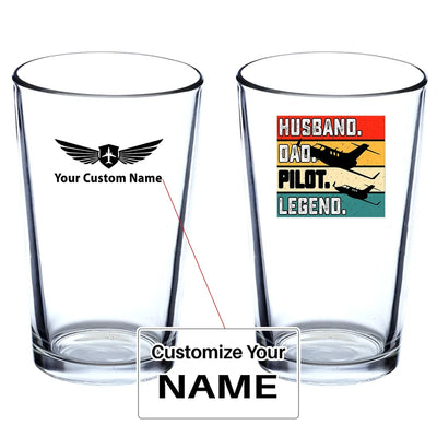 Husband & Dad & Pilot & Legend Beer & aviation design on beer water glass, versatile drinkware.