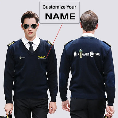 Air Traffic Control aviation design on premium wool blend wool pilot sweater.