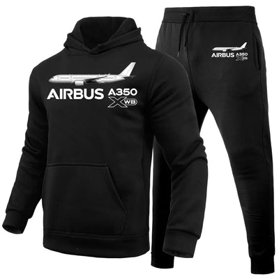 The Airbus A350 WXB aviation design on soft cotton blend hoodie and sweatpants set.