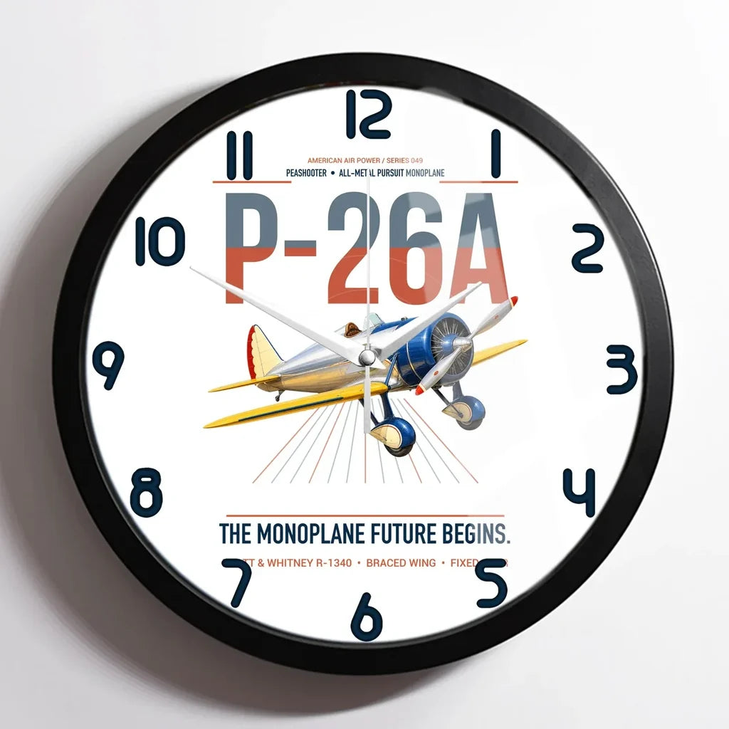 Boeing P-26A Peashooter design on white framed wall clock