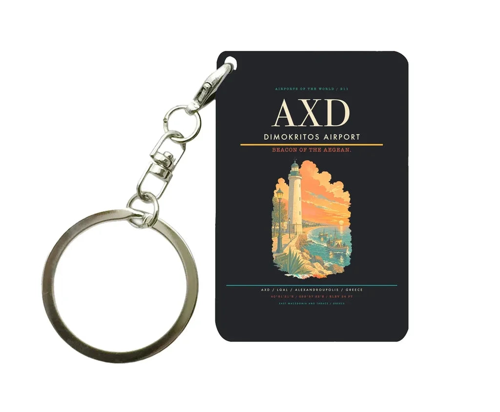 Dimokritos Airport (AXD) design on black key chain