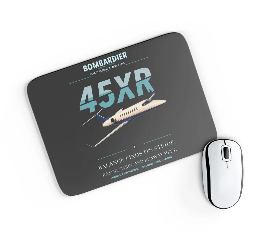 Bombardier Learjet 45XR design on black rectangle mouse pad