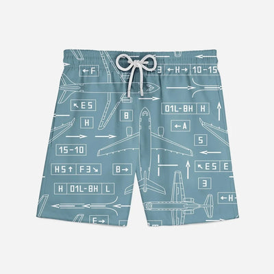 Jet Planes & Airport Signs aviation print swim trunks, quick-dry polyester.