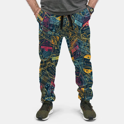 Dark Coloured Passport Stamps aviation design on soft cotton blend 3D-printed sweatpants.