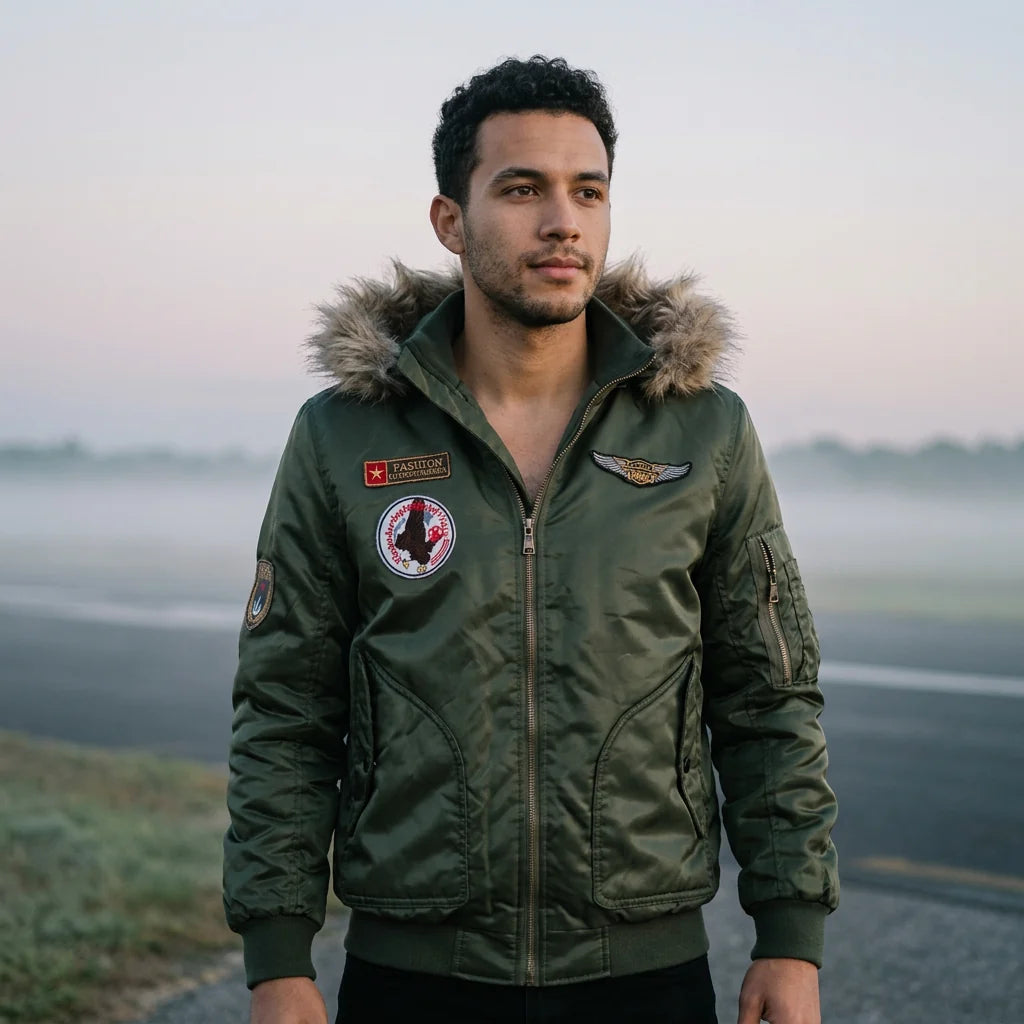 Aviation pilot jacket worn on model — editorial