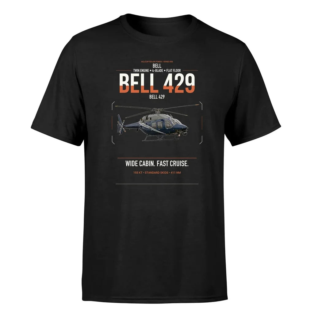 Bell 429 design on black t-shirt, single-side print