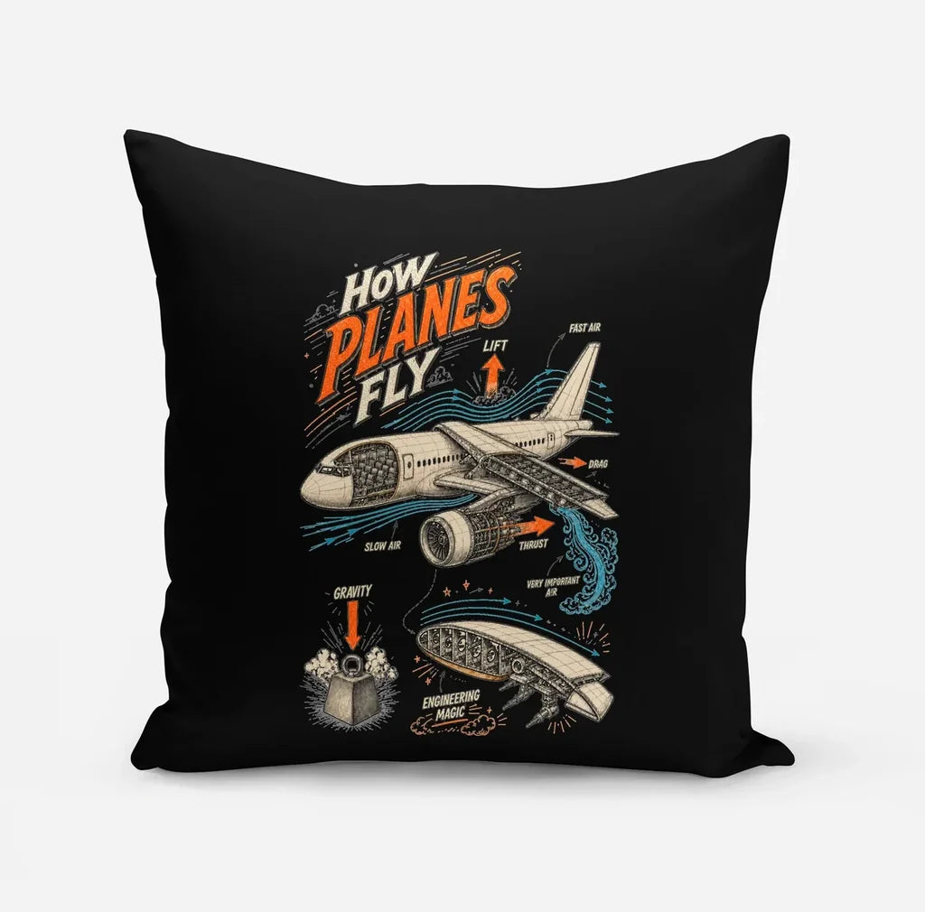 How Planes Fly V2 design on black pillow