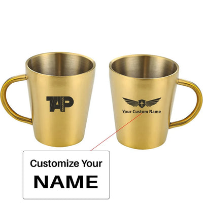 TAP Portugal Airlines aviation design on stainless coffee mug, durable stainless steel construction.