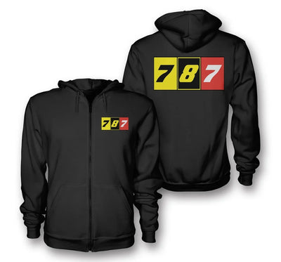 Flat Colourful 787 aviation design on soft cotton blend zipped hoodie.