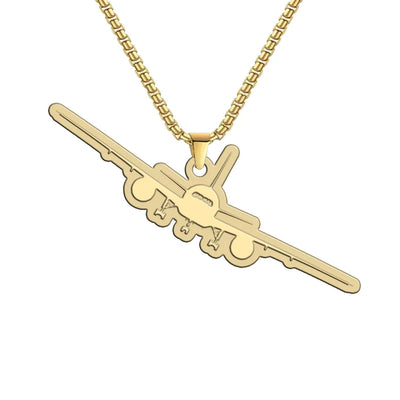 Boeing 777 Silhouette aviation hollow necklace, polished metal body with engraved detail.