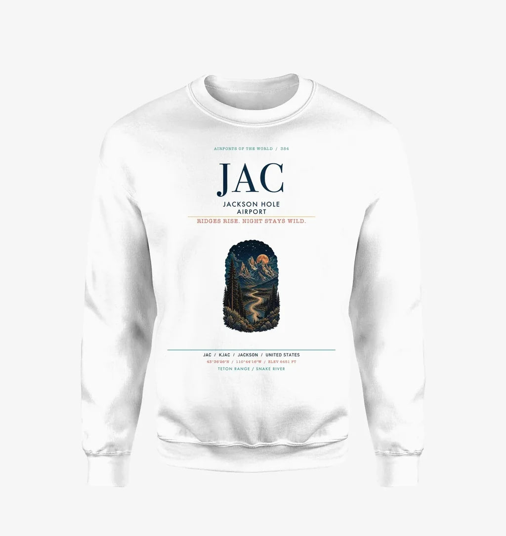 Jackson Hole Airport (JAC) design on white sweatshirt