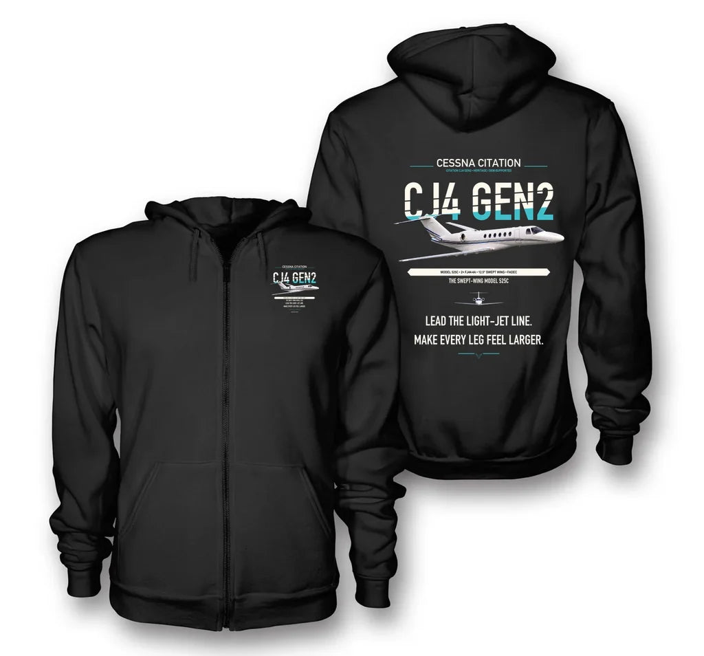 Cessna Citation CJ4 Gen2 design on black premium zipped hoodie, double-side print