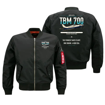 Socata TBM 700 design on black bomber jacket, double-side print