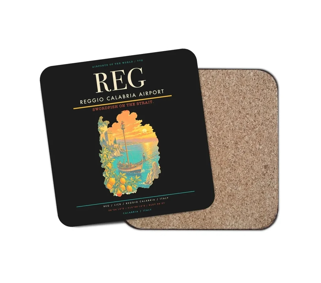 Reggio Calabria Airport (REG) design on black 1 piece coaster