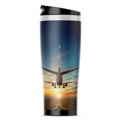 Airplane over Runway Towards the Sunrise aviation design on travel mug no-holder, insulated double-wall.
