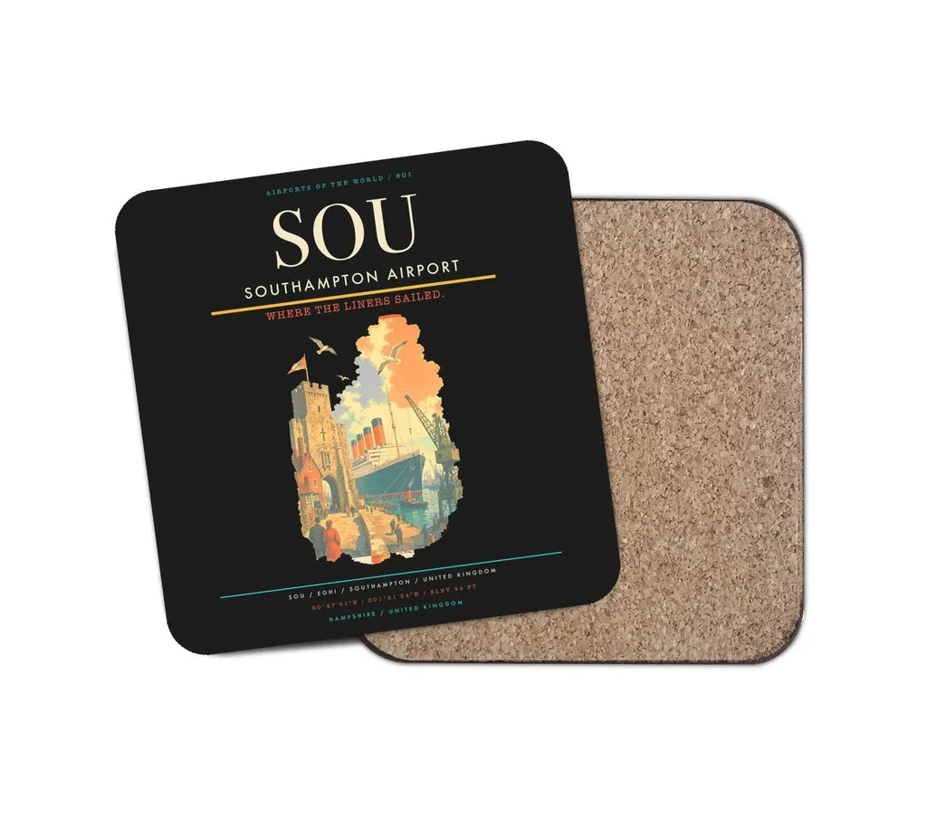 Southampton Airport (SOU) design on black 1 piece coaster
