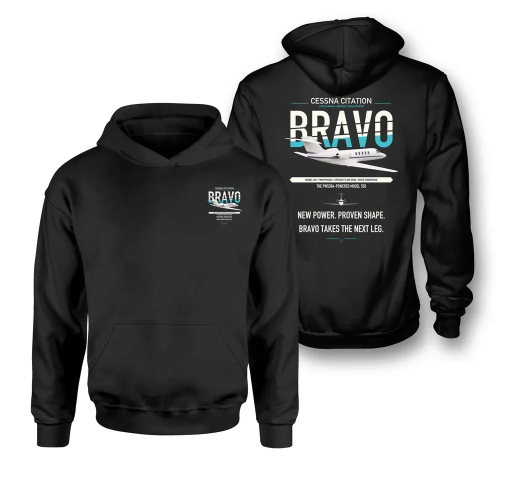 Cessna Citation Bravo design on black double-side hoodie, double-side print