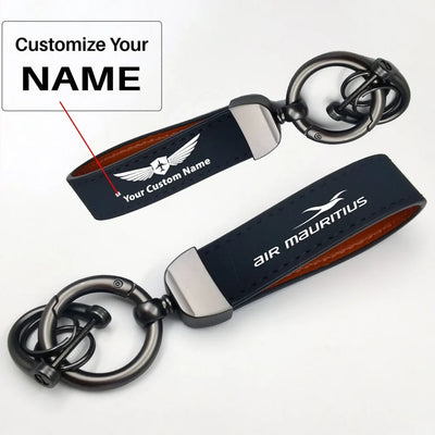 Side view of Air Mauritius Airlines aviation horseshoe-buckle key chain in polished metal alloy, polished finish.