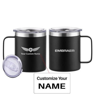 Embraer & Text aviation design on laser-engraved mug, permanent laser engraving on stainless.