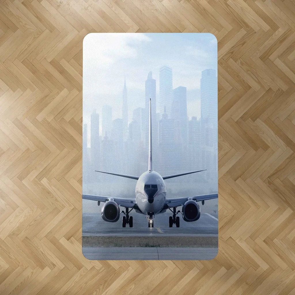 Boeing 737 & City View Behind aviation print rectangle carpet floor mat, durable carpet pile with non-slip backing.