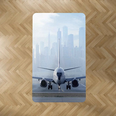 Boeing 737 & City View Behind aviation print rectangle carpet floor mat, durable carpet pile with non-slip backing.