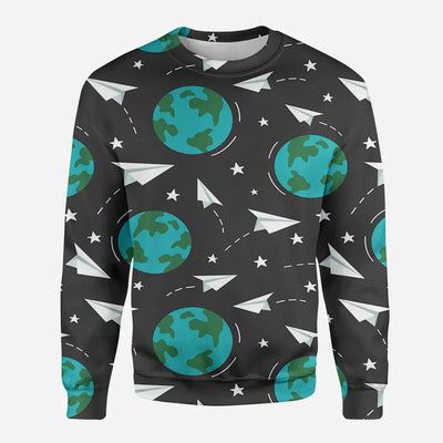 Paper Planes & Earth aviation design printed on soft cotton blend 3D sweatshirt.