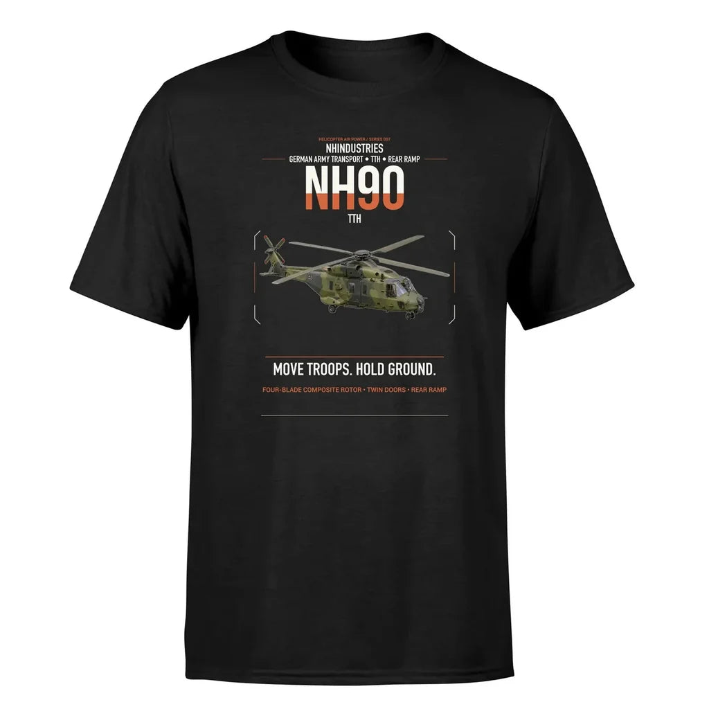 NHIndustries NH90 TTH design on black t-shirt, single-side print