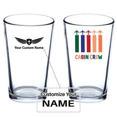 Colourful Cabin Crew Beer & aviation design on beer water glass, versatile drinkware.