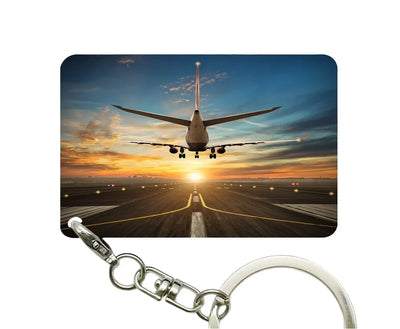 Airplane over Runway Towards the Sunrise aviation aviation key chain, durable metal alloy.