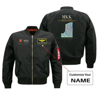 Thumbnail for Molokai Airport (MKK) design on black bomber jacket with custom name patch