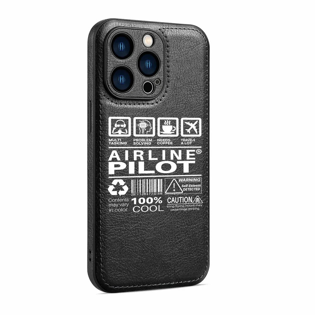 Airline Pilot Label aviation design on leather iPhone case for iPhone.