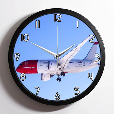 Norwegian Boeing 787 aviation design on premium wood and metal wall clock.