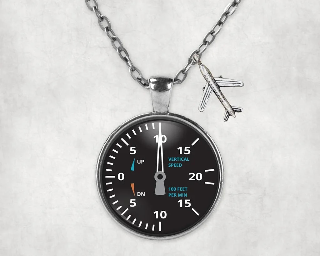 Side view of Vertical Speed aviation necklace in stainless steel, polished finish.