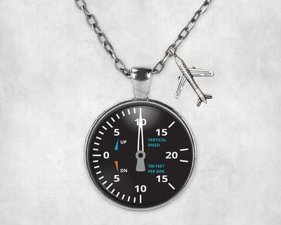 Side view of Vertical Speed aviation necklace in stainless steel, polished finish.