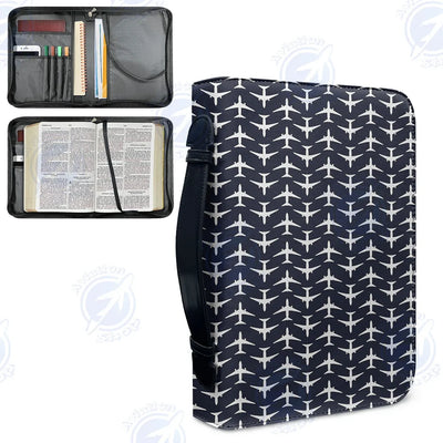 Perfectly Sized Seamless Airplanes Dark Blue aviation print PU accessories bag, PU faux leather.