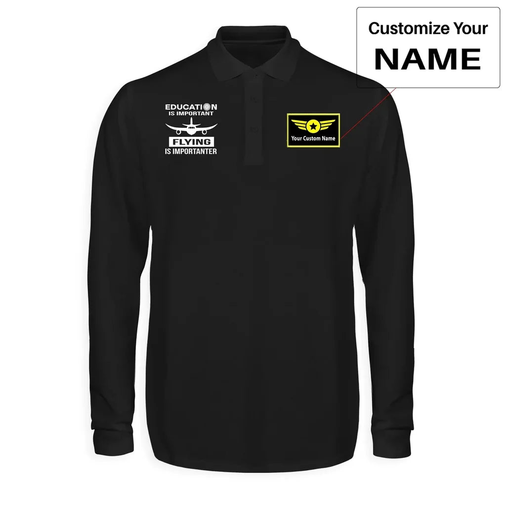 Flying is Importanter aviation design printed on soft cotton long-sleeve polo shirt.