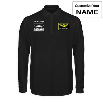 Flying is Importanter aviation design printed on soft cotton long-sleeve polo shirt.