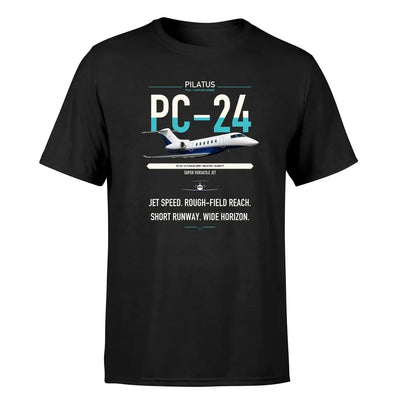 Pilatus PC-24 design on black t-shirt, single-side print