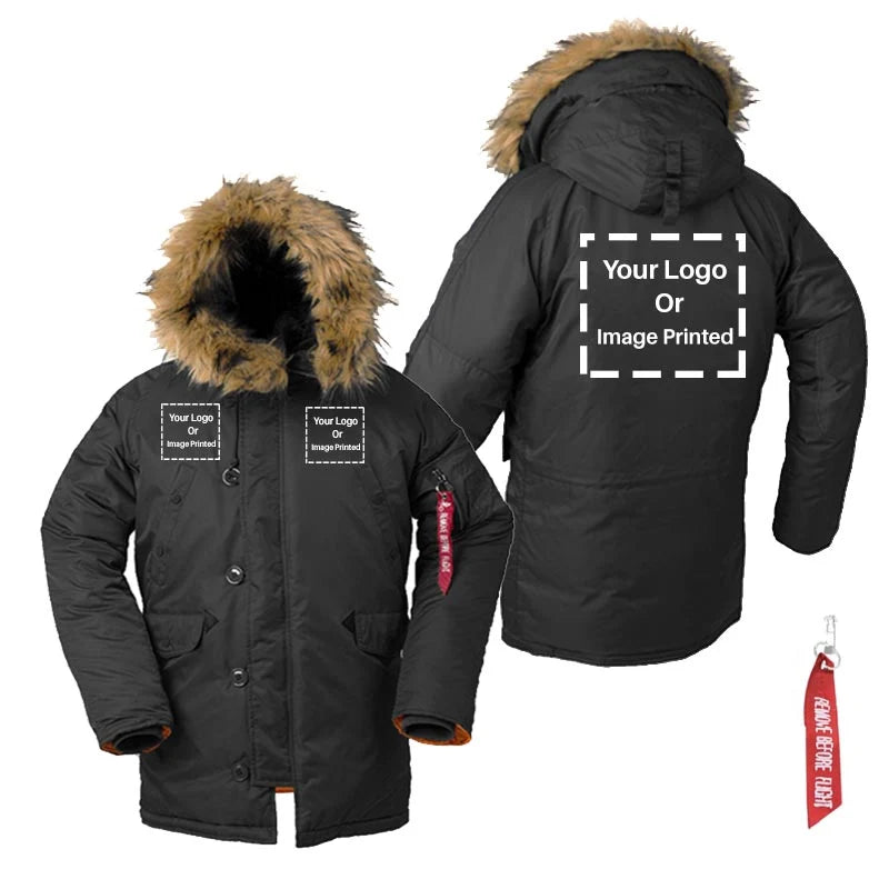 Custom 3 LOGOS aviation design printed on heavyweight shell with hooded warmth parka bomber.