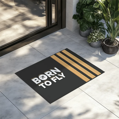 Born to Fly & Pilot Epaulettes (3 Lines) aviation design on durable fibre with non-slip backing door mat.