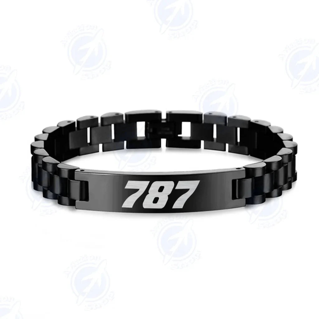 Boeing 787 Flat Text aviation-themed chain bracelet, polished stainless steel.