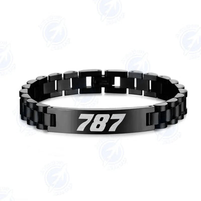 Boeing 787 Flat Text aviation-themed chain bracelet, polished stainless steel.