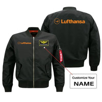 Thumbnail for Lufthansa Airlines aviation design with custom name embroidered on black bomber jacket