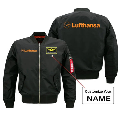 Lufthansa Airlines aviation design with custom name embroidered on black bomber jacket