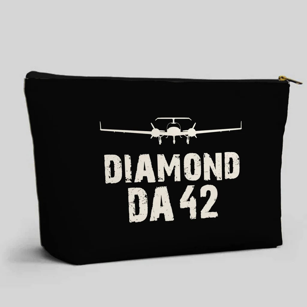Diamond DA42 & Plane aviation design zipper pouch, durable polyester construction.