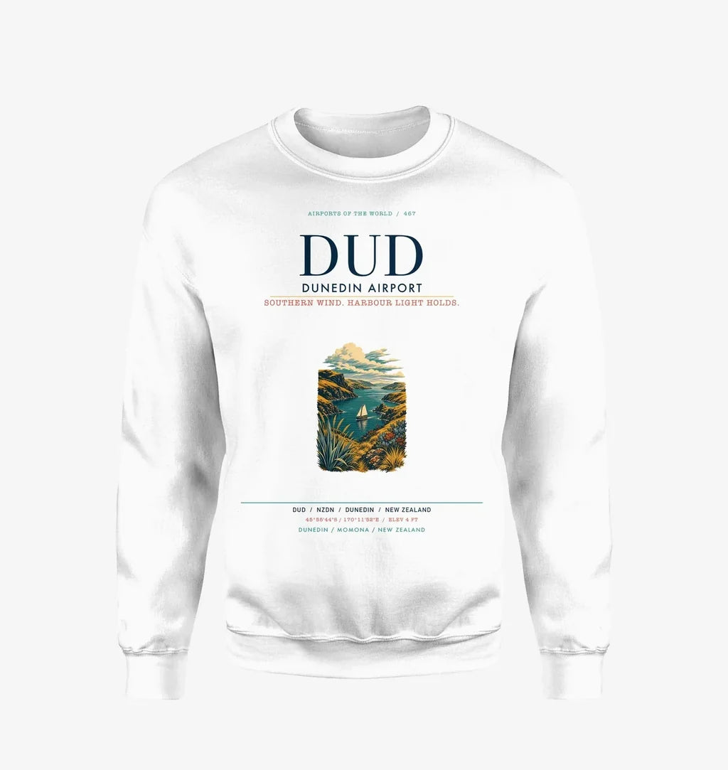 Dunedin Airport (DUD) design on white sweatshirt