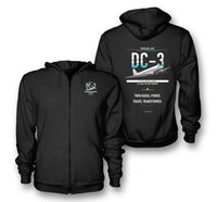 Thumbnail for Douglas DC-3 design on black premium zipped hoodie, double-side print
