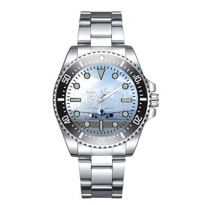 Side view of Boeing 737 & City View Behind Luxury Aviators aviation aviator watch in premium stainless steel, polished finish.