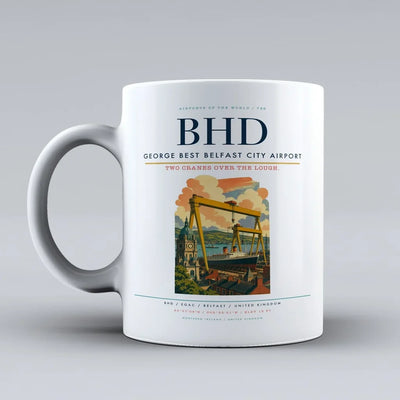 George Best Belfast City Airport (BHD) airport code design on white ceramic mug